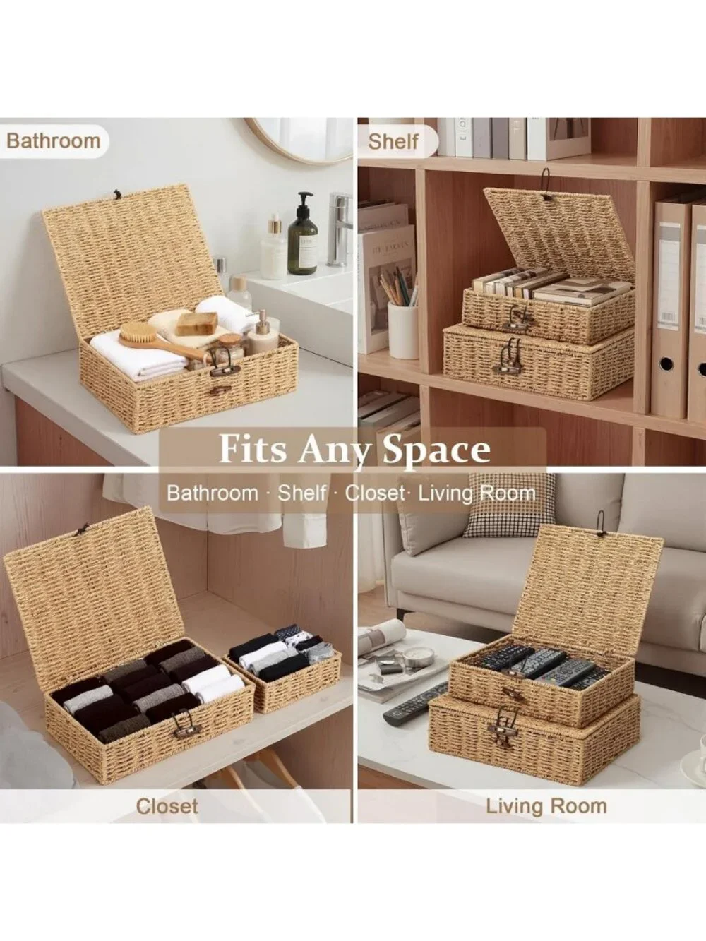 Set of 4 Woven Wicker Storage Baskets with Lids - Decorative Rattan Organizers
